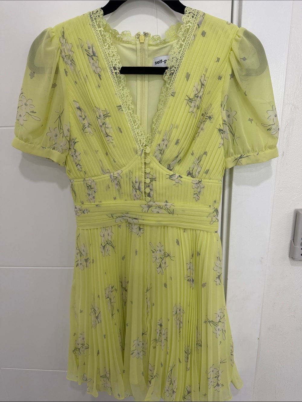 Self-Portrait Lemon Yellow Floral Pintuck V-Neck Mini Dress